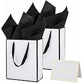 UoeRing 12 Pack Thank You Gift Bag with Handles 9.5x7.5x3.75 inch Medium Birthday Gift Bags with Tissue Paper and Card for Wedding Bridesmaid Holidays Mother's Day Baby Shower (White Black)