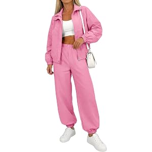 Fisoew Womens 2 Piece Outfits UPF 50+ Windbreaker Jacket Tracksuit Sets | Pockets, Zip Up, Long Sleeve, Elastic Waist, Travel