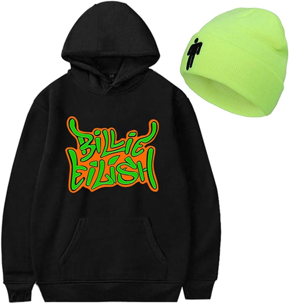 CREPUSCOLO Unisex Billie Eilish Hoodie with Beanie Knit Hat 2 Piece Set Stretchy Cap Long Sleeve Sweatshirt