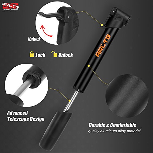 Arltb Aluminum Alloy Mini Bike Pump with Pressure Gauge 8.7" 120 PSI Bicycle Tire Air Pump Inflator Presta and Schrader Portable Lightweight 4.8oz for Mountain Bikes (Black, mini)
