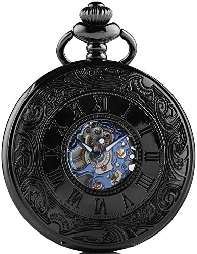MEIGUANG Steampunk Blue Hands Roman letters Skeleton Mechanical Pocket Watch with Chain for Men