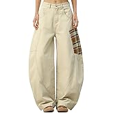 OTEEGX Baggy Barrel Pants for Women Men Wide Leg Khaki Plaid Patchwork Sweatpants with Pockets Cotton Lounge Clothes