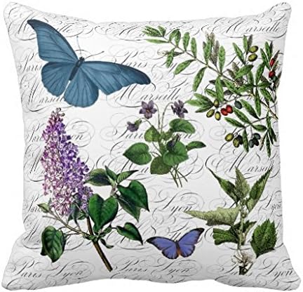 Cushion Cover Soft Botanical Flower Butterfly Print French Typography Throw Pillows Case Accent Pillows 18x18"