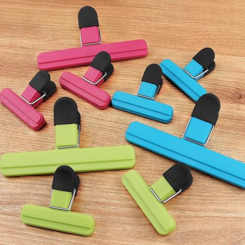 12 Pieces Clips para Bolsas de Alimentos, Pinzas para Cerrar Bolsas de Cocina Duradero, inclye 6 Clips para Comida grande de 15.5cm y 6 pequeña de 7,5 cm, Broches para Bolsas de Cocina Multicolor