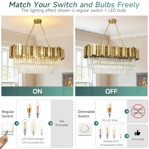 AOOCHOK Modern Gold Crystal Chandelier, Oval Crystal Chandelier, Suitable for Living Room, Dining Room, Bedroom and Restaurant, 80*35cm