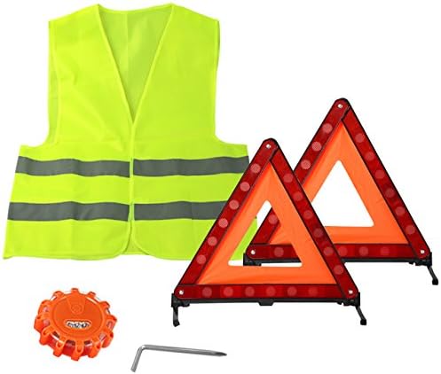 Car, Truck Visibility Roadside Emergency Kit, 2 X warning triangles, 1 X LED flares light, and One Reflective Vest- Car Safety Tools.