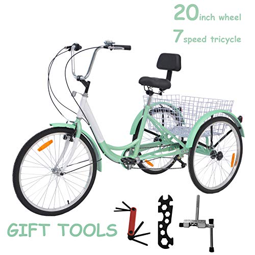 VANELL Adult Tricycle 20 inch 7 Speed Trike Cruise Bike 3 Wheeled Bicycle W/Large Size Basket for Adult Teenager Shopping Exercise Recreation (Mint, 20″-7speed)