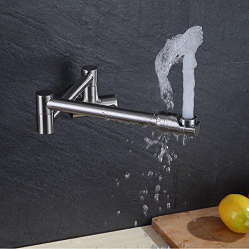 Homi Modern Single Lever Wall-Mount Retractable Pot Filler Kitchen Faucet Cold Only with Dual Swing Joints (Brushed nickel)