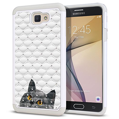 Samsung Galaxy On7 2016/ On Nxt / J7 Prime G610 Case, Fincibo (TM) Dual Layer Shock Proof Hybrid Hard Protector Cover Anti-Drop Silicone Star Studded Rhinestone Bling, Blue Gray British Shorthair Cat