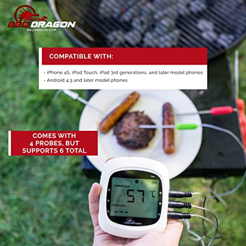 Wireless Meat Thermometer for Grilling - 6 Channel Bluetooth Meat Thermometer and 4 Probe BBQ Thermometer for Smoker, Grill, Barbecue, Outdoor Cooking - Smart Smoking Accessories from BBQ Dragon