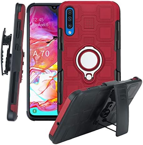 TaiY 3 in1 Protective Hybrid Cover Shockproof Rugged Phone Case 360 Full Body Kickstand Swivel Belt Clip Holster for Samsung Galaxy A70 - Red