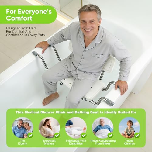 Bathtub Seat for Elderly, Non-Slip Shower Stool with Backrest, Adjustable Width 77-87 cm, Load 150 kg, with Non-Slip Silicone Pads and Handles, White