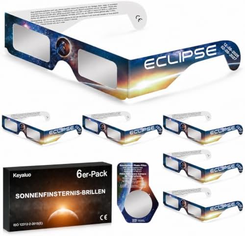 Sonnenfinsternis Brille,CE Zertifizierung 2026,6er-Pack Sonnenfinsternis Brillen zur direkten Sonnenbeobachtung – ISO 12312-2:2015(E) & CE-zertifiziert