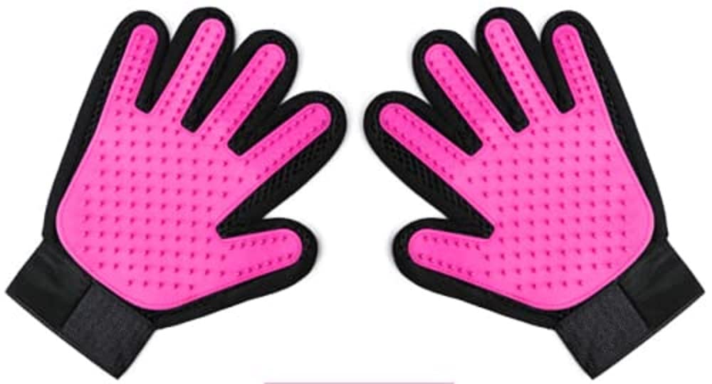 Boolavard Pet Grooming Glove - Gentle Deshedding Brush Glove - Efficient Pet Hair Remover Mitt - Enhanced Five Finger Design - Perfect for Dog & Cat with Long & Short Fur - 1 Pair (Purple)