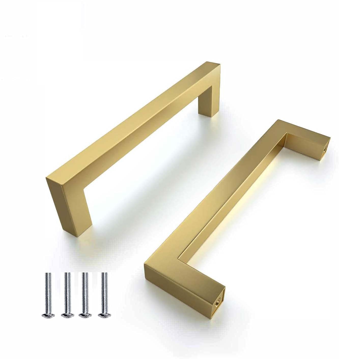 BOZONLI 2pcs Gold Handles for Cupboards & Draws, Square Stainless Steel Door Handles Kitchen Cabinet Drawer Pull Handles 160mm Hole Centers
