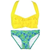 Fin Fun Mermaid Girls Sea Wave Bikini Set, Yellow Top, Aussie Green Bottom, Medium