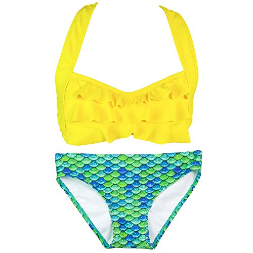 Fin Fun Mermaid Girls Sea Wave Bikini Set, Yellow Top, Aussie Green Bottom, Medium