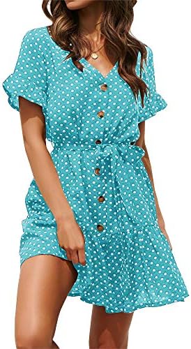 Womens Polka Dot Button Down Dress Boho Short Sleeve Ruffle Mini Dresses with Belt