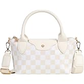 KZBHHP Hand Bags for Women Small Crossbody Purse Mini Tote Bag Checkered Nylon Crossbody Bags for Women Cute Ladies Bag (Beige & White) | Color-blocking, Sturdy hardware, Adjustable straps, Compact