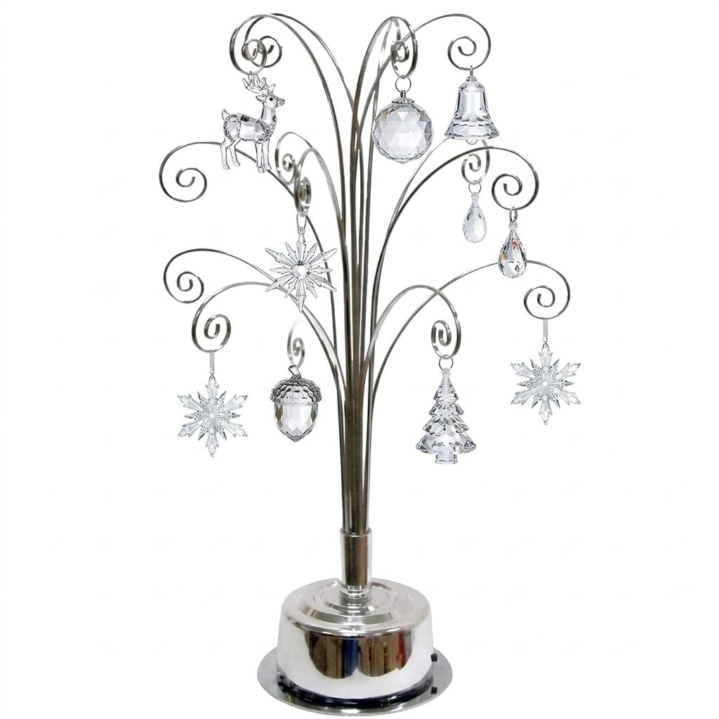HOHIYA Rotating Ornament Display Tree Stand 16.75″ Decorative Hanging Holder for Swarovski and Crystal Christmas Ornaments Silver Hanger Hook for Suncatchers and Holiday Decorations