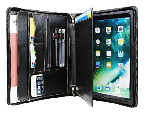 Professional Portfolio Case with Tablet Stand for Microsoft Surface Pro 3/4/New Surface, Business Organizer Document Folder with Letter Size Legal pad/Notepad Holder, Goatskin Leather (Surface, Black)