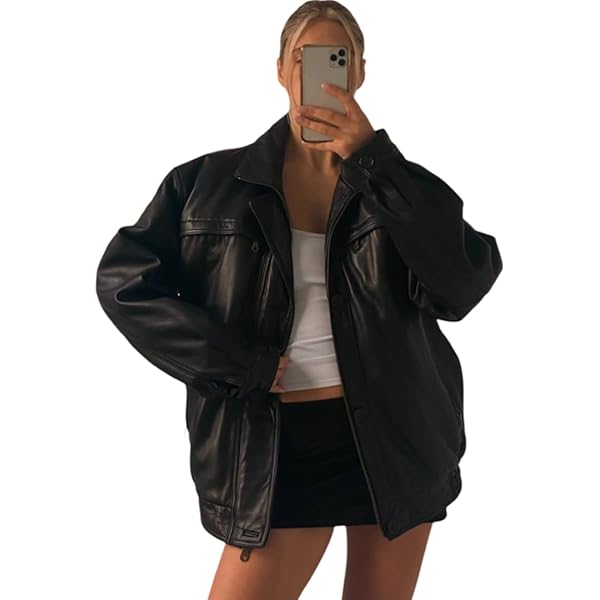 Women's Oversized 90's Vintage Style Black Bomber Leather Jacket