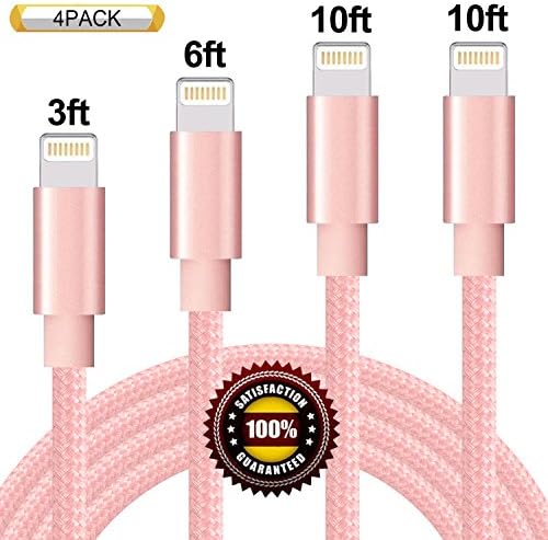 BULESK Lightning Cable 4Pack 3FT 6FT 10FT 10FT Nylon Braided Certified iPhone Cable USB Cord Charging Charger for Apple iPhone 8, X, 7, 7 Plus, 6, 6s, 6+, 5, 5c, 5s, SE, iPad, iPod Nano, Touch (Pink)