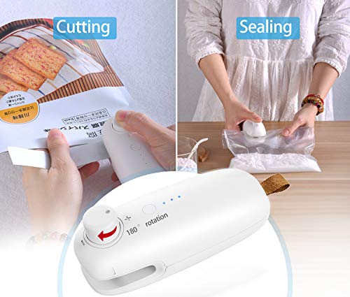 Mini Bag Sealer USB Rechargeable Heat Sealer, 2 in 1 Portable Handheld Bag Sealer and Cutter, Powerful Package Resealer Quick Seal for Vacuum Sealer Bags, Plastic Chip Bags, Cereal Bags
