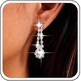 Aneneiceera Vintage Crystal Drop Earrings Linear Cz Chain Earrings Silver Rhinestone Chain Tassel Earrings Wedding Chandelier Earrings Jewelry for Women