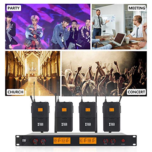 XTUGA A400 Metal receiver 4-Channel UHF Wireless Microphone System with 4 Bodypack for Stage Church Use for Family Party, Church, Small Karaoke Night (Frequency B)