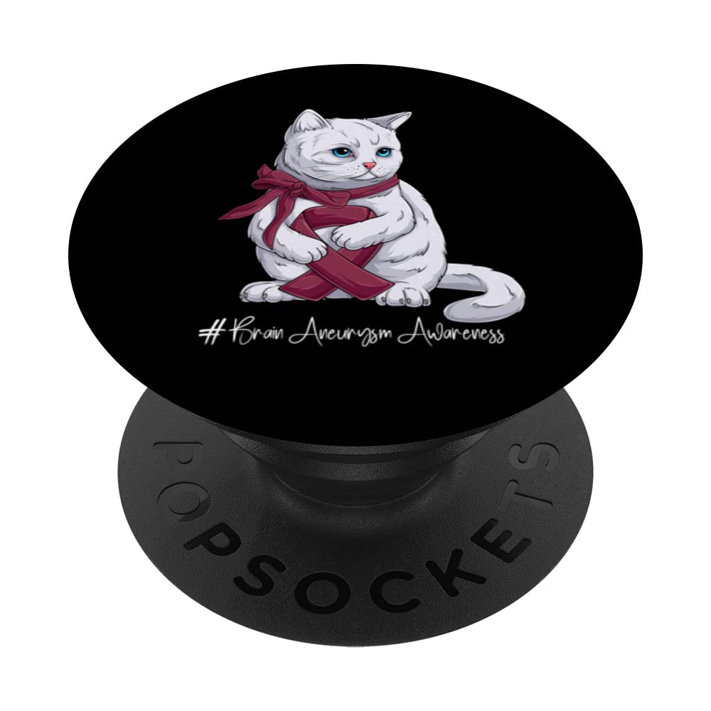 Brain Aneurysm Awareness Month Burgundy Ribbon Cat PopSockets Swappable PopGrip