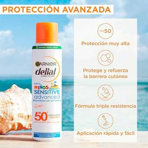 GARNIER DELIAL Spray solaire anti-sable Sensitive Advanced pour enfants pour peaux claires et sensibles, haute protection IP50+ - 150 ml