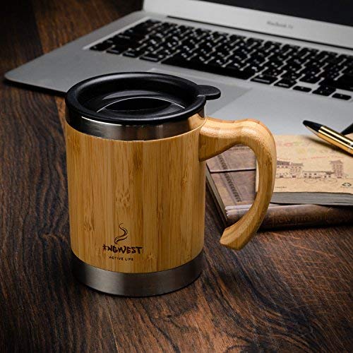 InGwest Active Life. Bamboo Coffee Mug for Man/Woman - 13.5 ounce. Super Light Eco Stainless Steel Coffee\Tea Mug with Lid and Bamboo Handle! Thickened layer of bamboo!