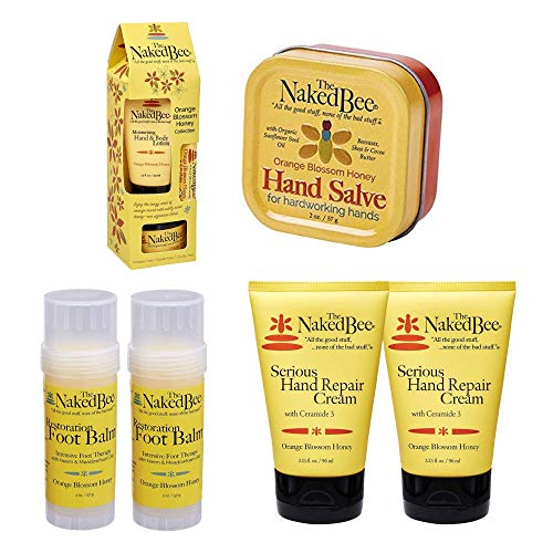 The Naked Bee Orange Blossom Honey Restoration Foot Balm 2oz + Honey Collection + Hand & Cuticle Healing Salve + Honey with Ceramide 3, Serious Hand Repair Cream Lotion
