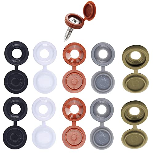 MZGO 200 Pieces Hinged Plastic Screw Covers, Cap Style, Black, White, Gray, Brown, Bronze, Decorative Caps for Number 6/8 Screws