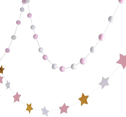 Jnch 2 Paquets 2m Boules Laine Feutré 22m Etoiles Papier Guirlandes Décoratif Ornement Suspendu Pompon Décoration Pour Fête Noël Chambre Denfant