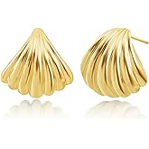 Free bird 14K Gold Plated Chunky Earrings for Women Trendy Gold Shell Earrings Textured Minimalist 925 Sterling Silver Post Chunky Gold Earrings