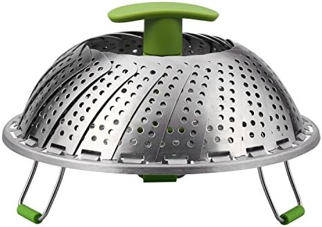 Vegetable Steamer Basket For Cooking Foods With Stainless Steel Strainer and Removable Handle, Expandable and Collapsible（7.1 inches to 11 inches，Green + Silvery）
