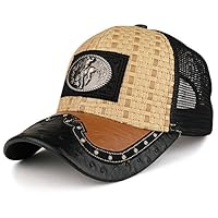 Trendy Apparel Shop Straw Design Metallic Rodeo Cowboy Horse Metal Logo Trucker Mesh Baseball Cap - TAN Black