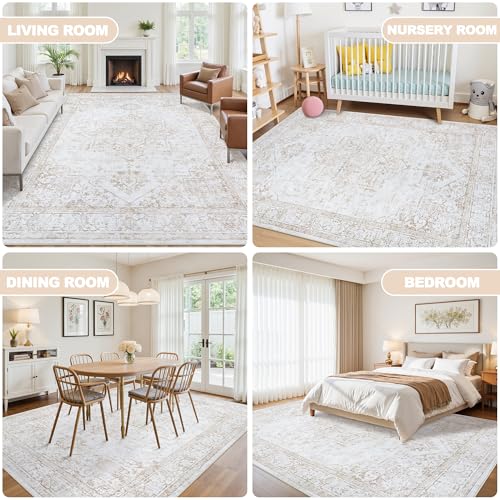 8x10 Area Rugs for Living Room:Beige Washable Vintage Medallion Rug Non-Slip Soft Low Pile Large Rugs Indoor Retro Carpet for Bedroom Kitchen Nursery Dining Table Office (Beige, 8'x10')