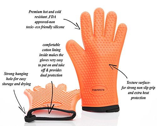 No.1 Set of Silicone Smoker Oven Gloves - Extreme Heat Resistant Washable Mitts for Safe Cooking Baking & Frying at The Kitchen,BBQ Pit & Grill. Superior Value Set + 3 Bonuses (Orange)