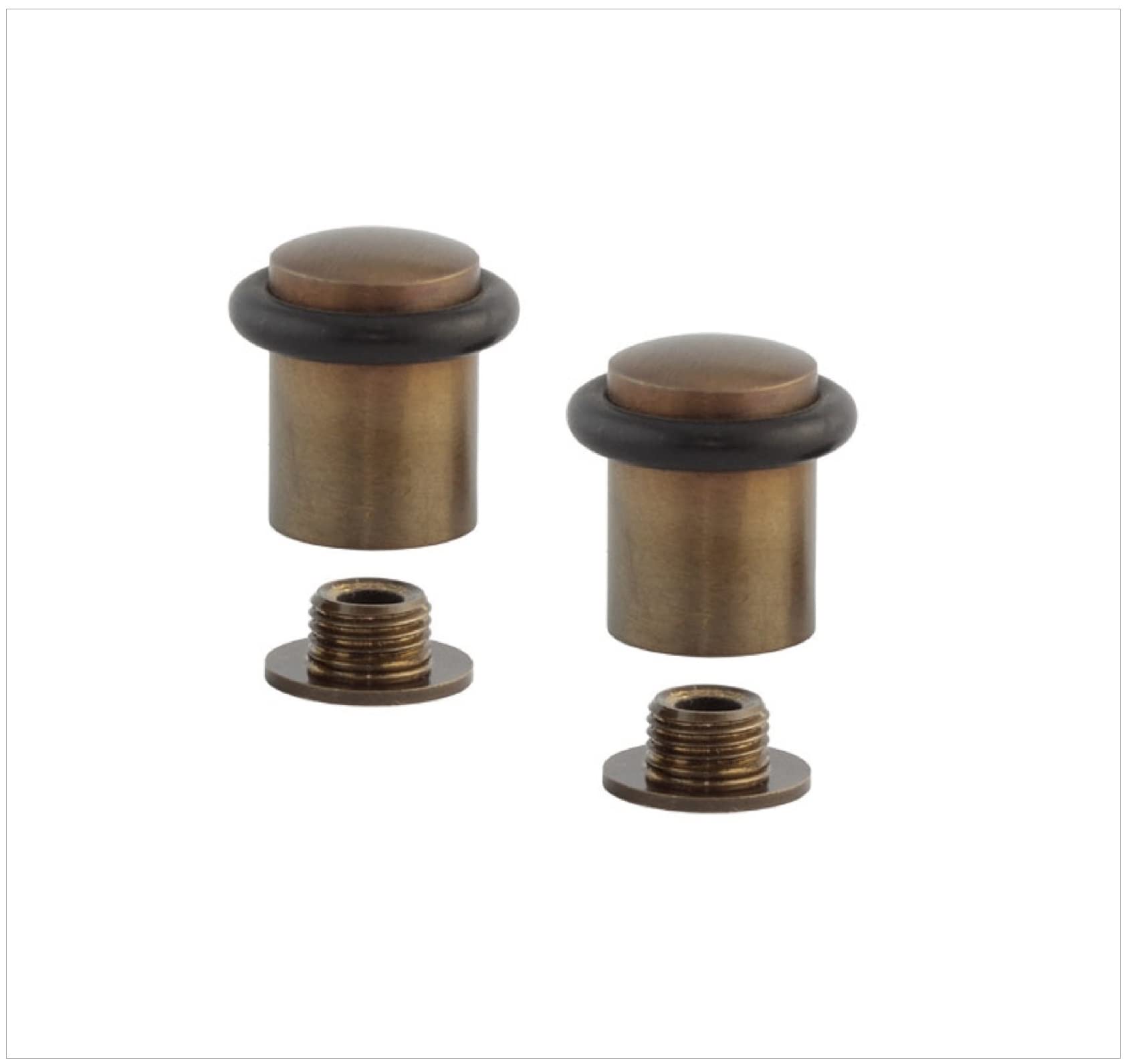 EVI | Pack of 2 Door Stops | 20x29.5mm | Threaded Base | Black Natural Silicone Rubber | Rustic Finish Brass | Includes Tools | Model I-108