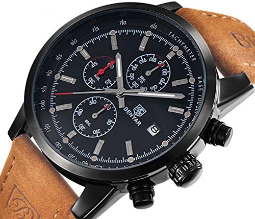 Conbays Men’s Outdoor Sport Watch with Brown Leather Watchband Black Chronograph Waterproof Quartz Casual Wristwatch Date Display Stopwatch for Man