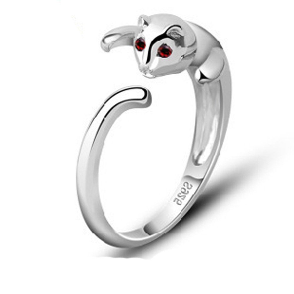 findout ladies 925 sterling silver cute cat open rings, for women girls (f1609) (silver red eyes)