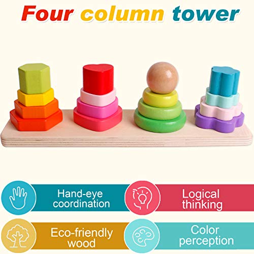 Wooden Four Column Tower Rainbow Stacker Stacking Ring Game Toddler