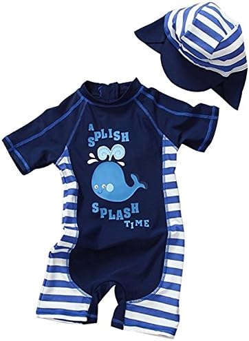 Baby Boys Swimsuit Toddlers Kids One Piece Short Sleeve Sunsuits Sun Protection Rash Guards Swimsuit with Hat
