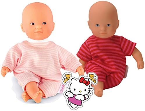 Corolle Mini 8" Calin Dolls Twins Baby Girls, Caucasian, Eyes: Blue/Brown; Pink PJs and Hello Kitty Bonus Sticker Set