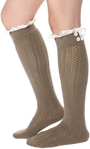 WonderFit Women Knee High Boot Socks with White Button Hollow Lace Trim Khaki