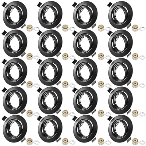 LteelDay Round Recessed Spotlight Frame, Black Metallic Porthole GU10 with 30° Swivel, Ø68-80 mm Cut, Includes GU10 Socket for LED or Halogen Lamps, Pack of 20