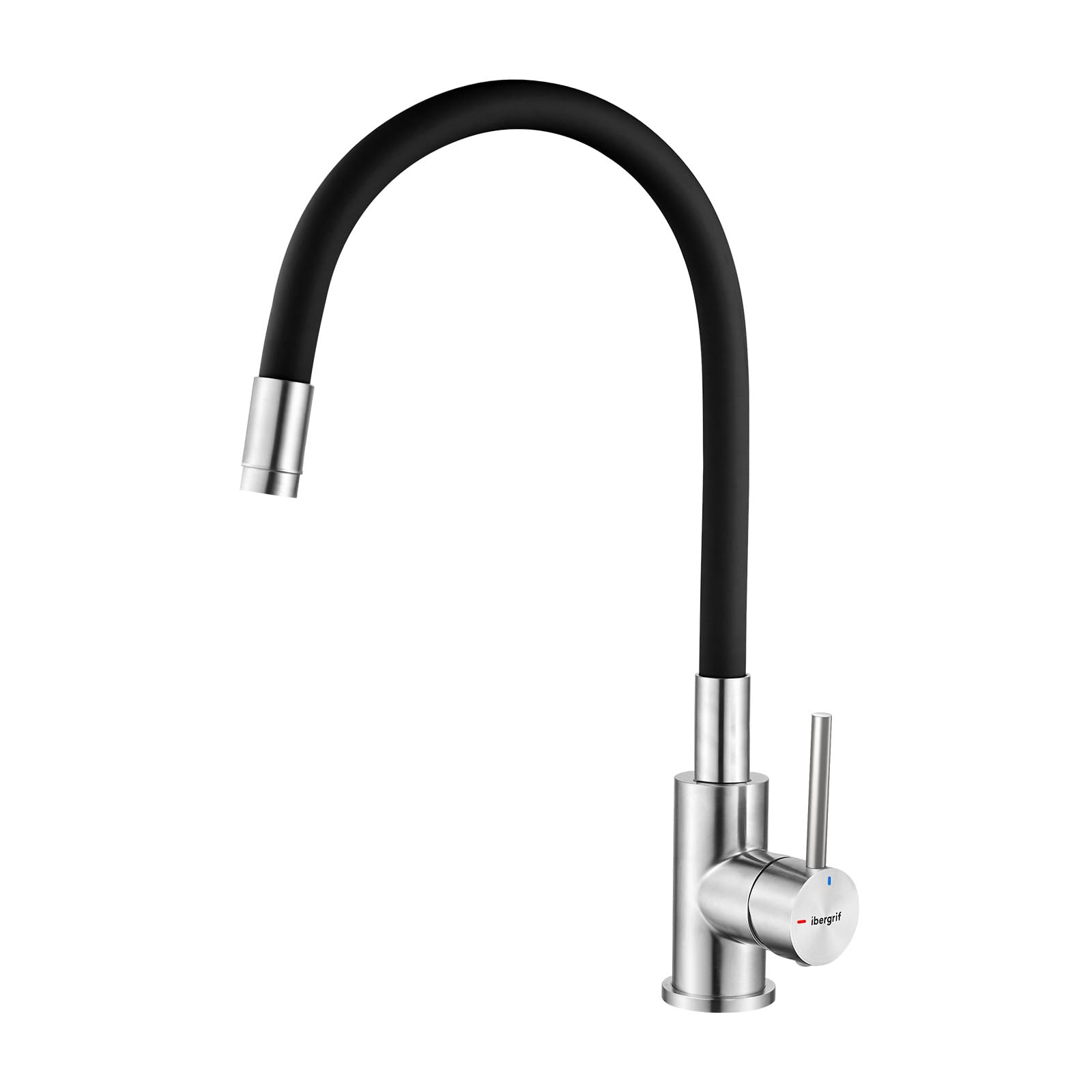 Ibergrif Black Kitchen Sink Mixer Tap with Pull Out Dual Function Sprayer, 360° Swivel Single Lever Swivel Spout Kitchen Mixer Tap with Black Silicone Hose, Brushed